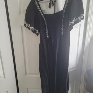 Old Navy Black Midi Dress with White Embroidery